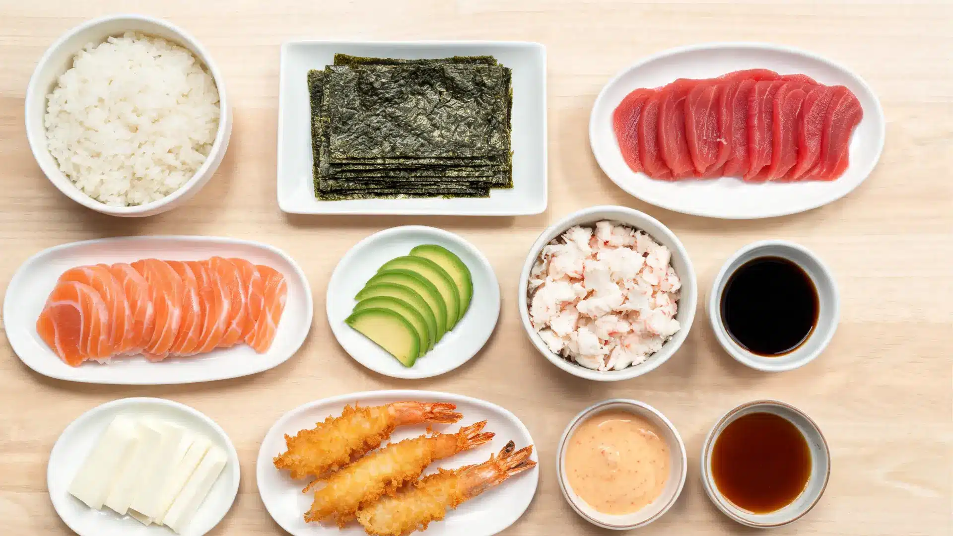 sushi ingredients including rice, fish, avocado, cream cheese, tempura, and sauces on a table