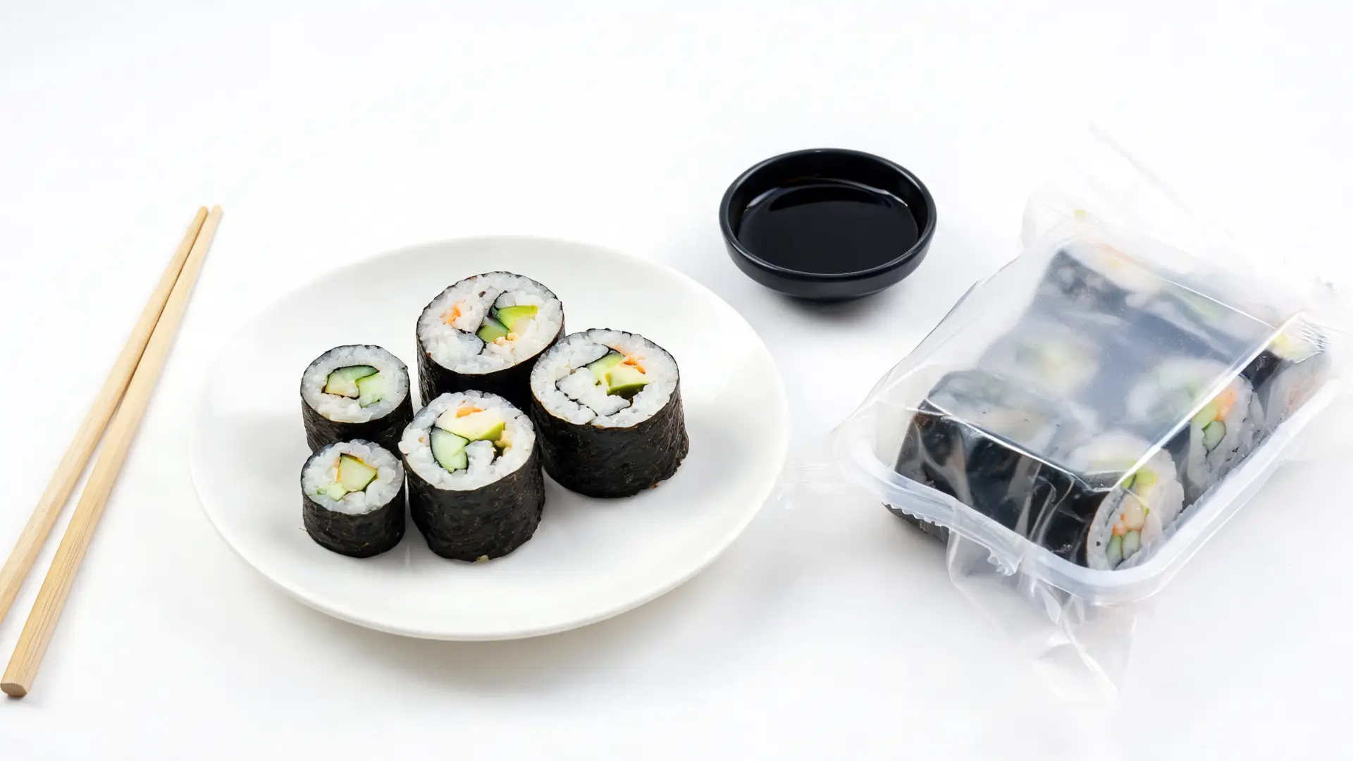 sushi rolls in different portion sizes with chopsticks and packaged sushi showing calorie serving differences
