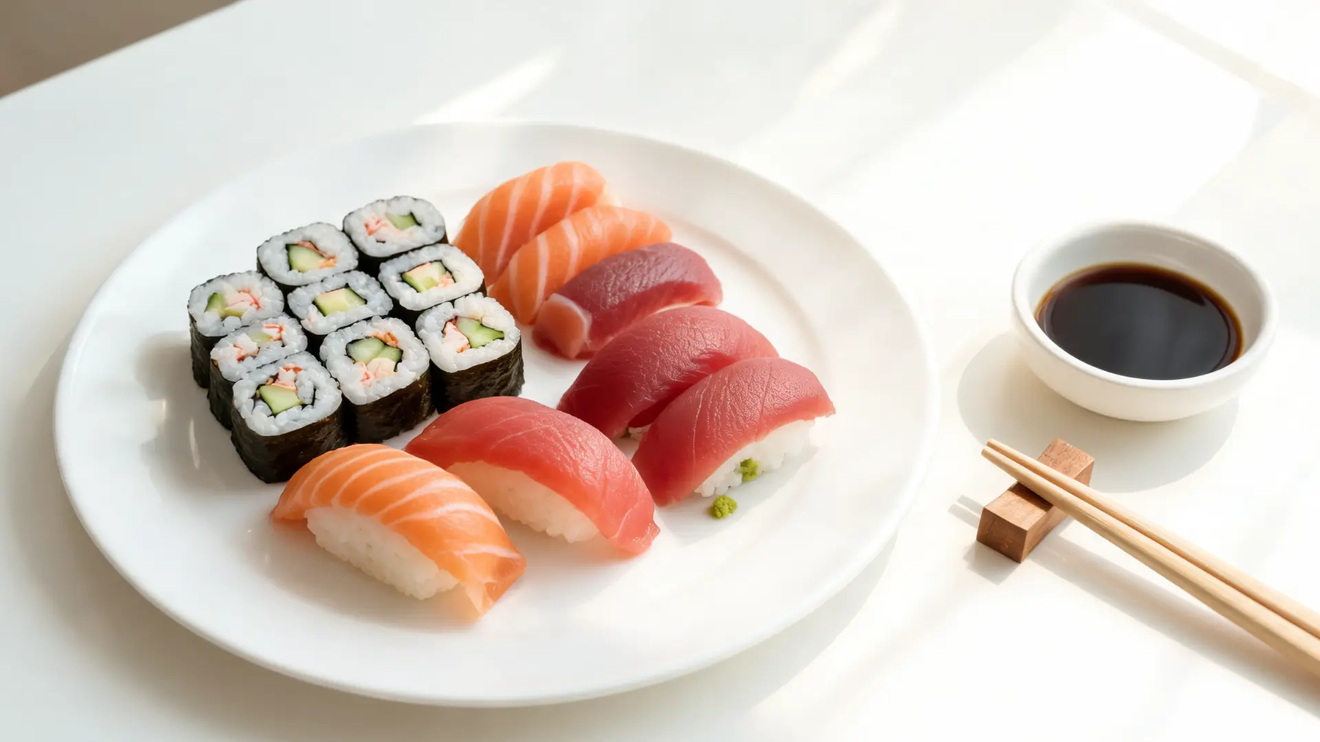 sushi rolls, nigiri, and sashimi with calorie cards on a bright table for easy comparison