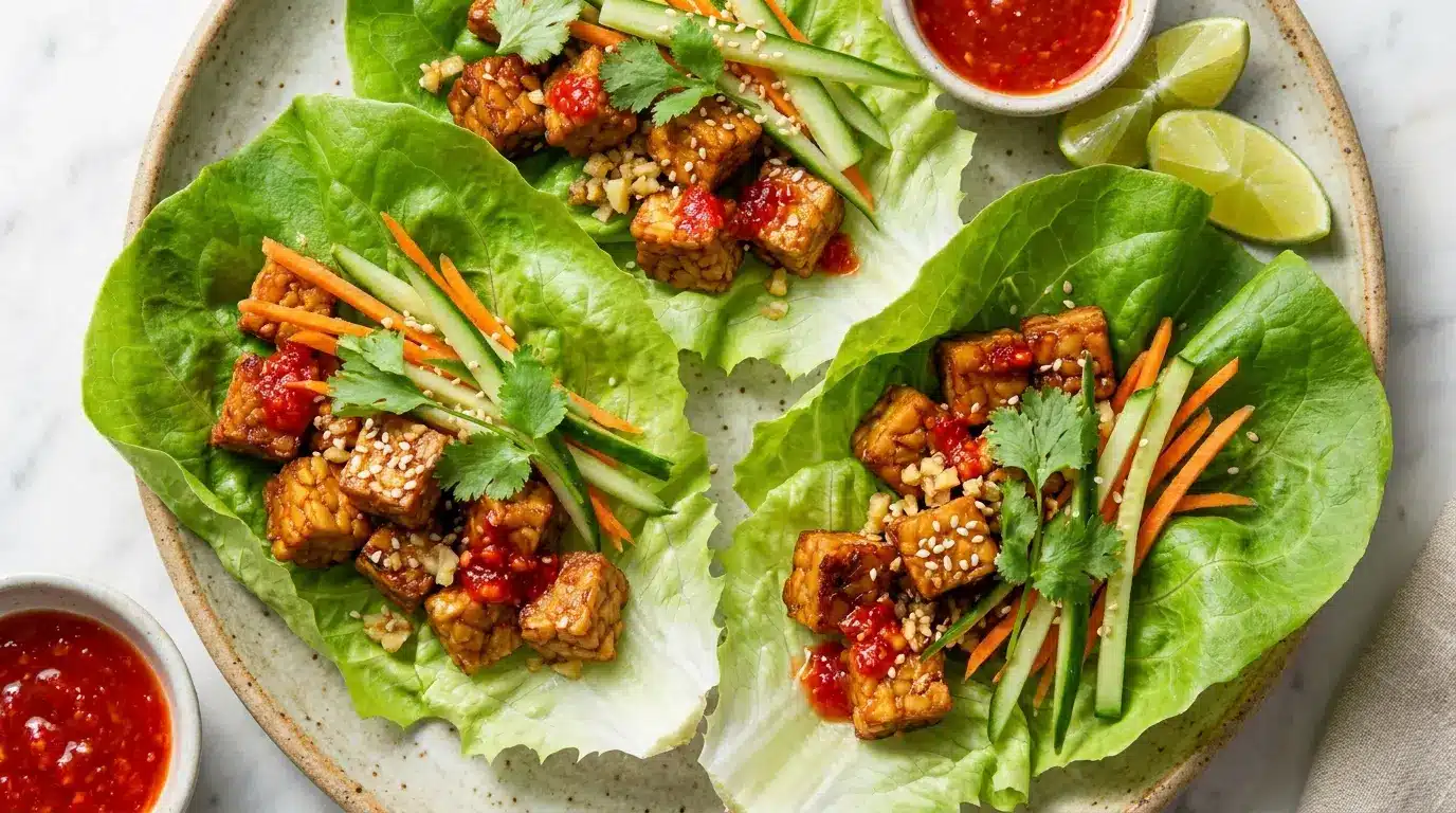 tempeh lettuce cups with cucumber carrot garlic ginger and chili sauce on a fresh plate