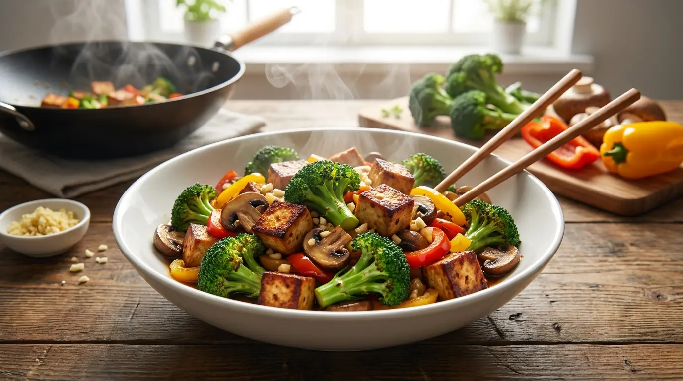 tofu broccoli stir fry with mushrooms bell peppers ginger garlic and light soy sauce in a bowl