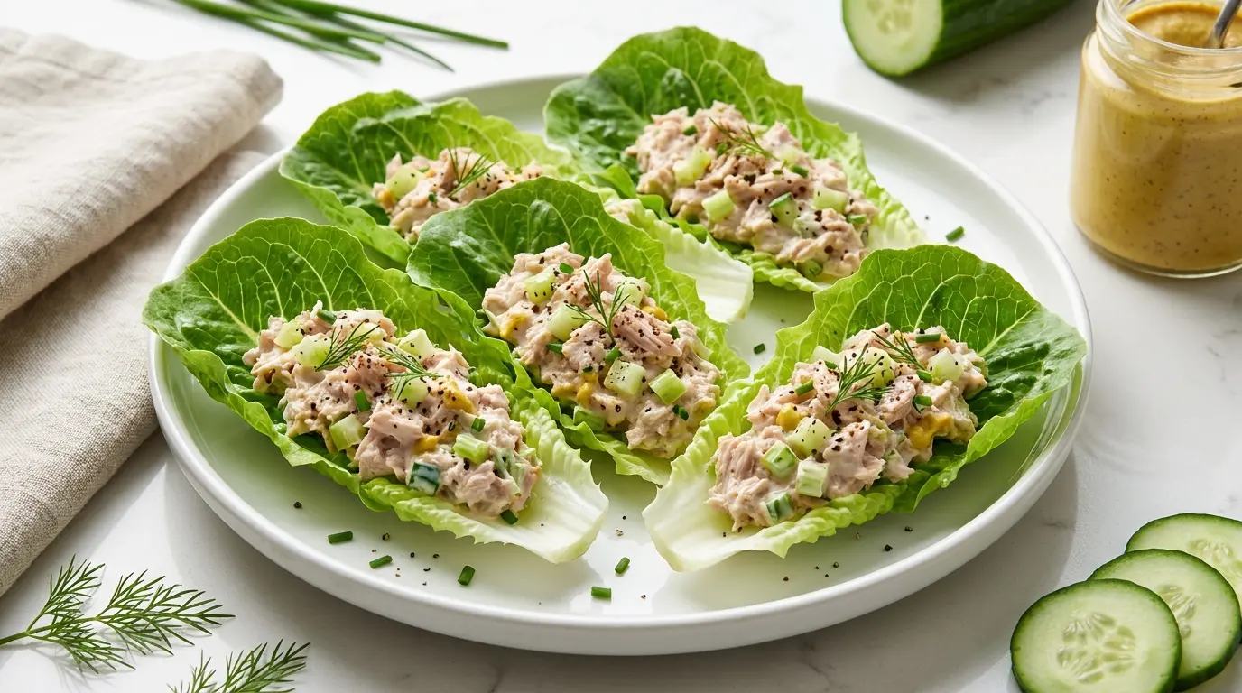 tuna cucumber lettuce boats with greek yogurt filling celery and herbs on a clean lunch plate