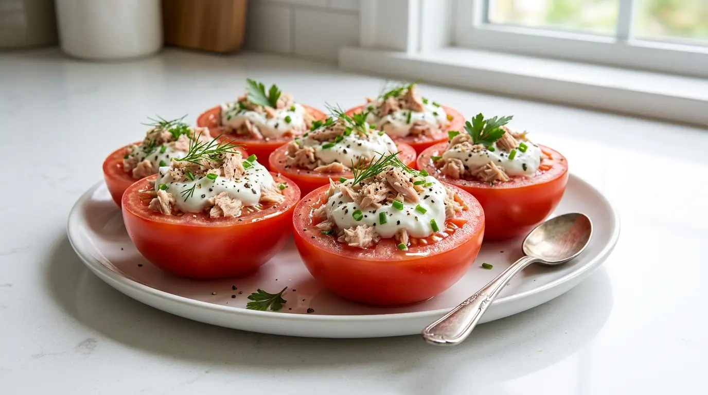 tuna tomato cups filled with greek yogurt herbs and pepper on a bright snack plate