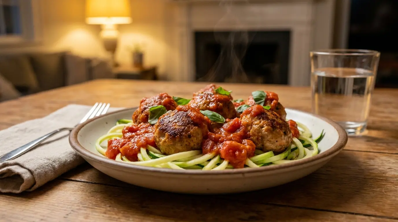 turkey meatballs with marinara and zucchini noodles served warm in a cozy dinner setting