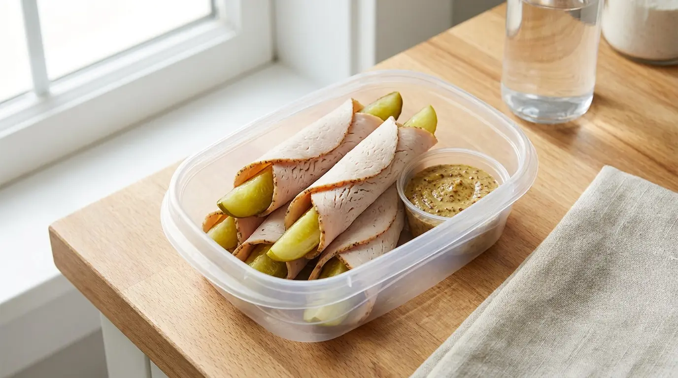 turkey pickle roll ups with mustard dip served in a small meal prep container on a desk