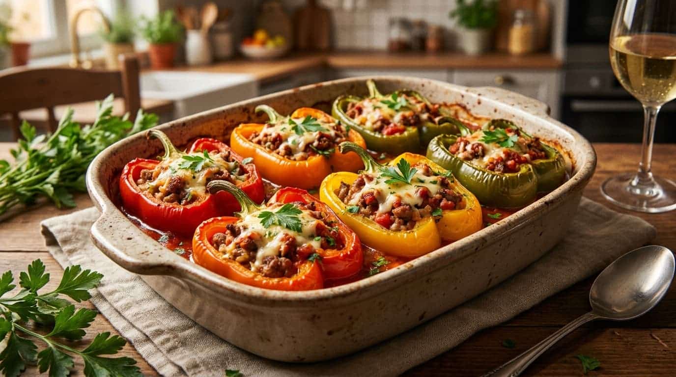 turkey stuffed bell peppers with tomato sauce cauliflower rice and herbs baked in a dish