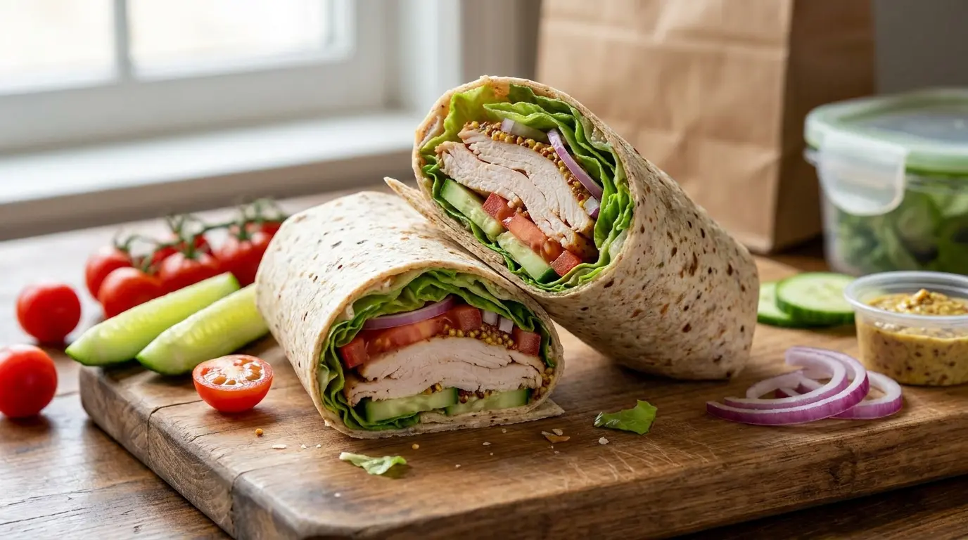 turkey veggie wrap with lettuce tomato cucumber onion mustard and high fiber tortilla cut in half