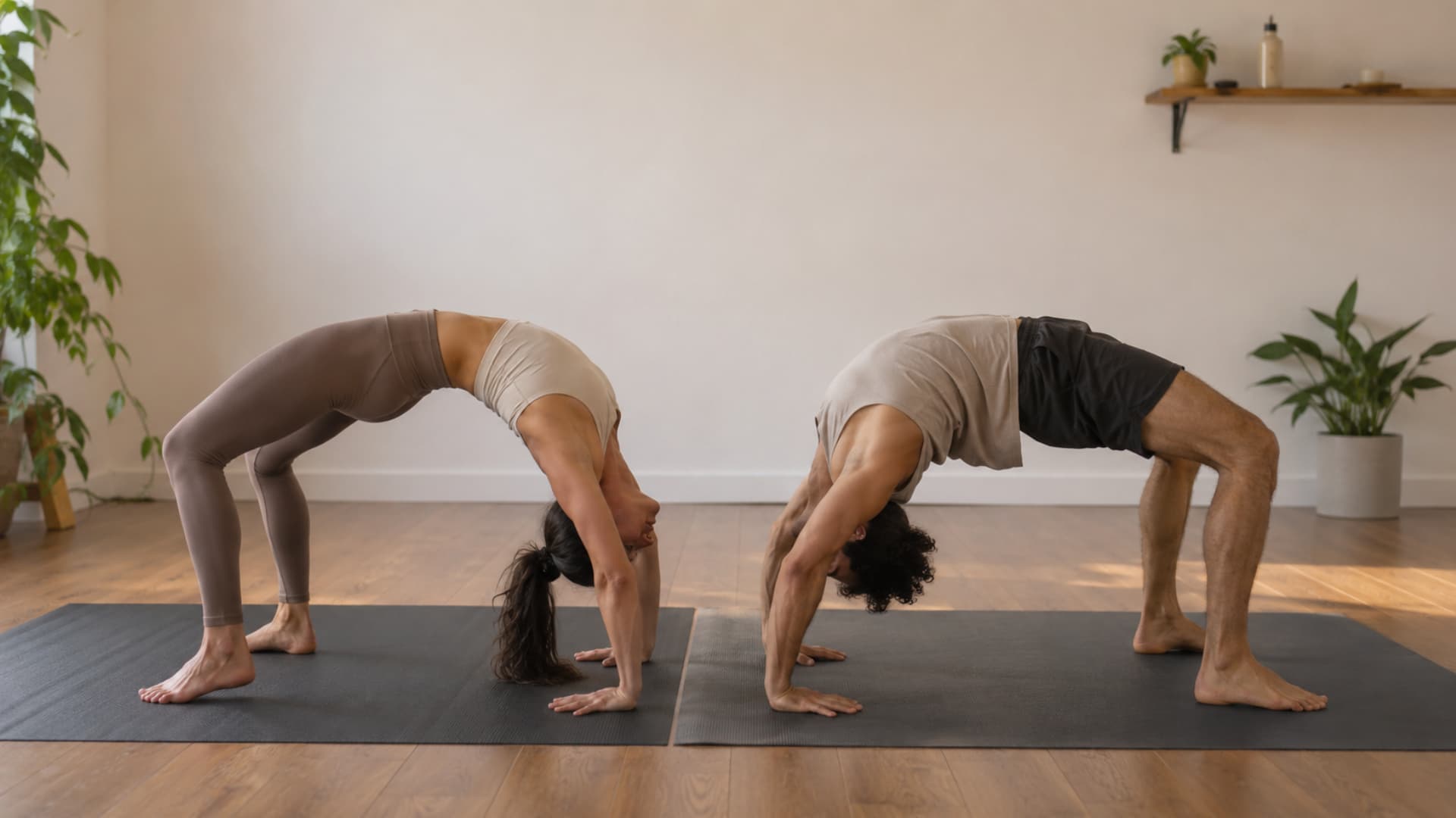 Two adults hold wheel pose on yoga mats in a calm studio with soft light and steady form