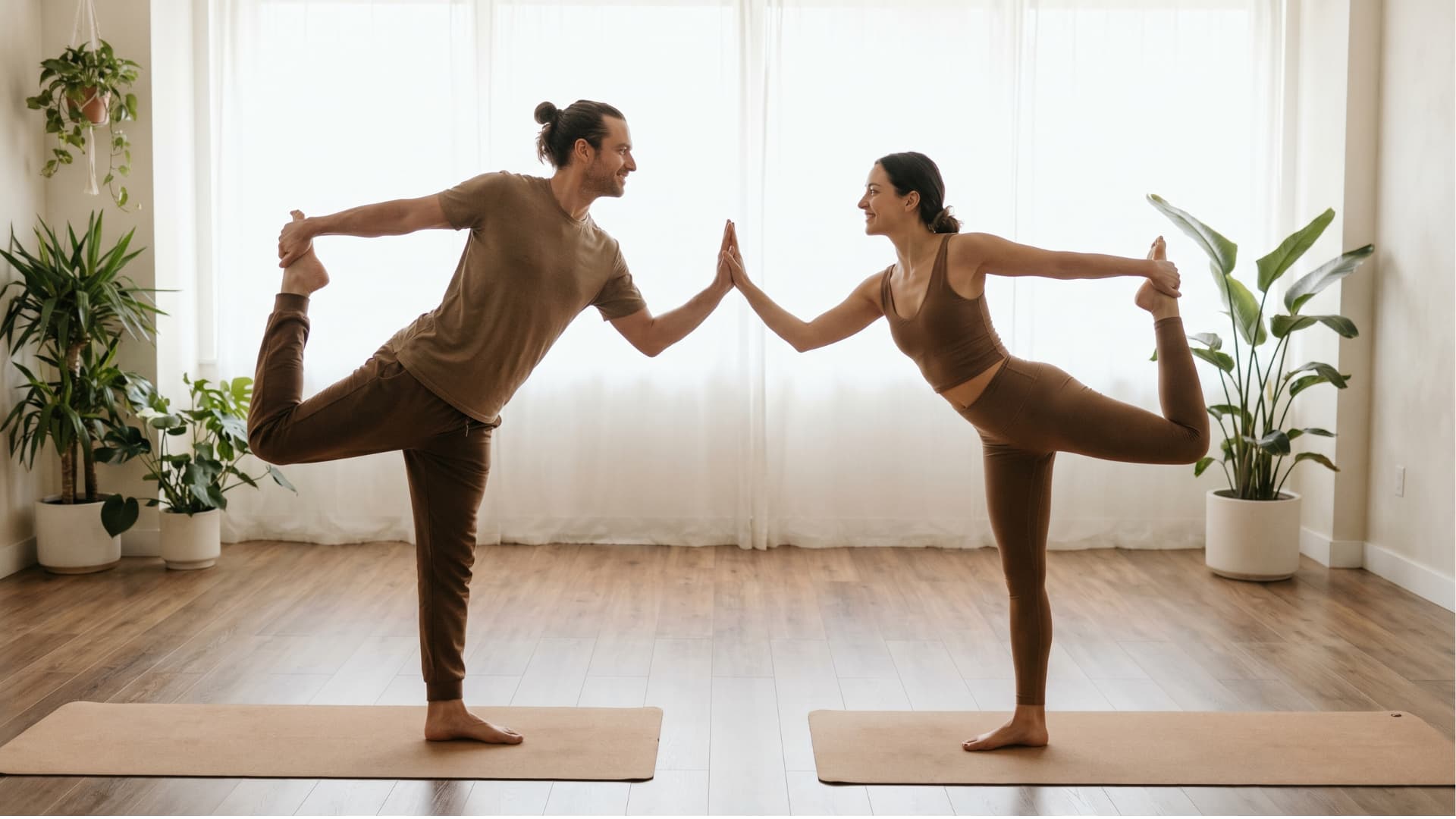 Two adults practicing partner dancer pose with one hand raised together in a calm sunlit yoga studio