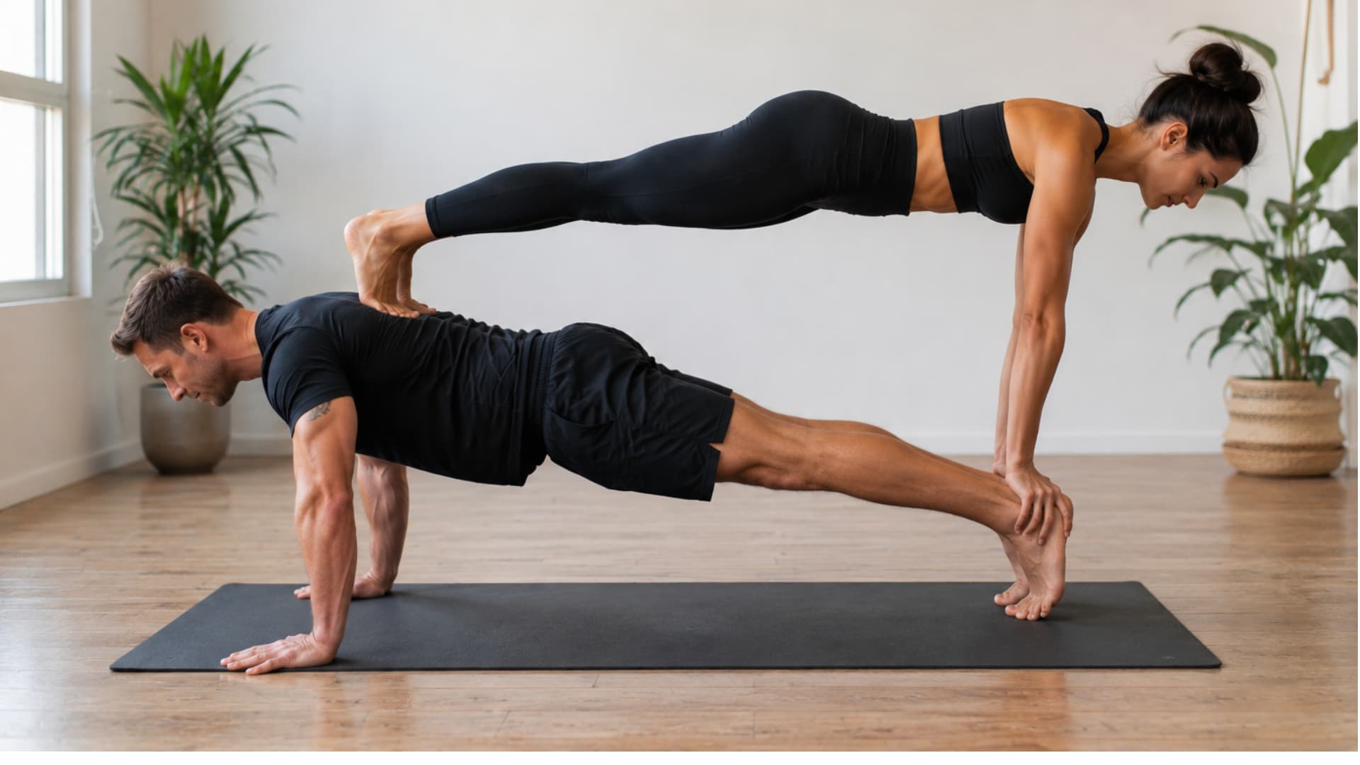 Two partners hold a stacked double plank pose on a yoga mat in a bright calm studio with plants