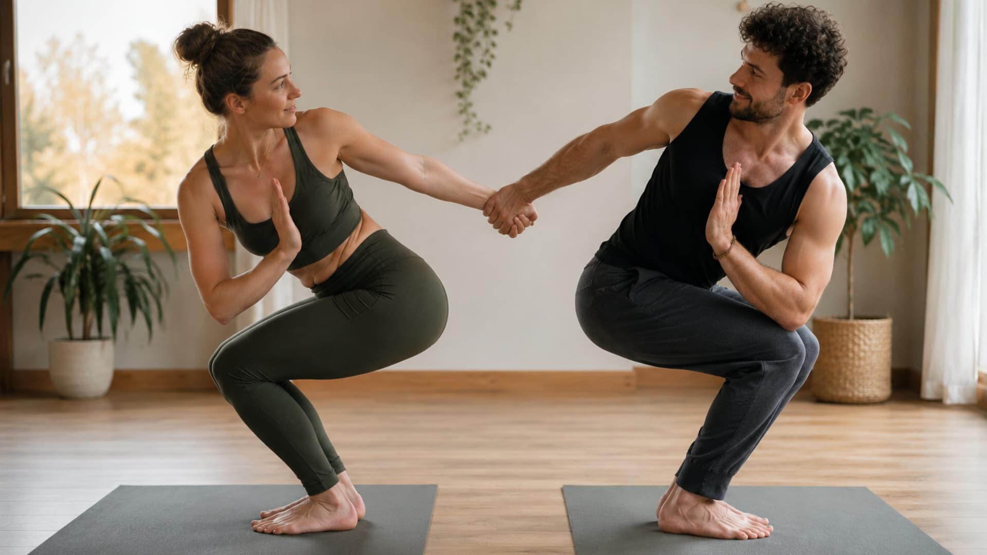 Two partners hold hands in a twisted chair pose on yoga mats in a warm natural light studio