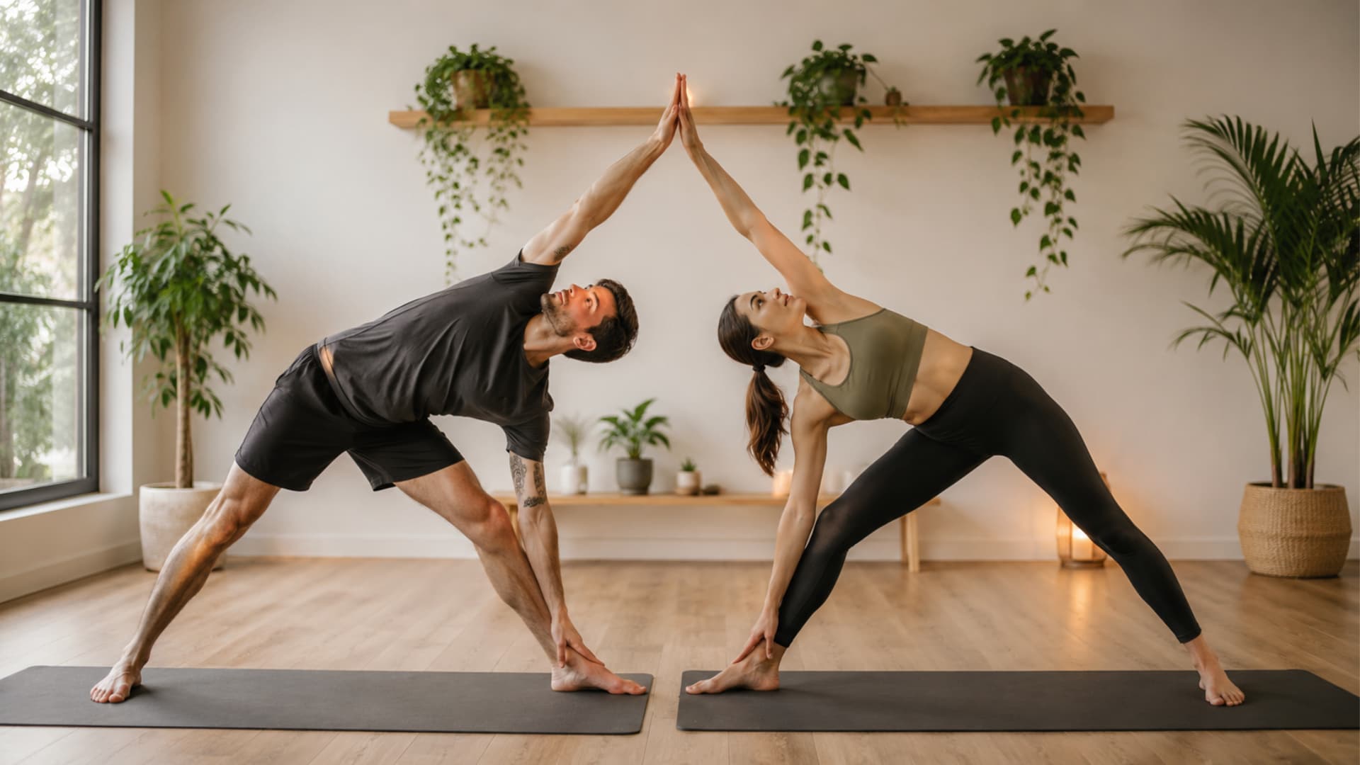 Two partners hold triangle pose with top hands touching in a bright yoga studio with plants and mats