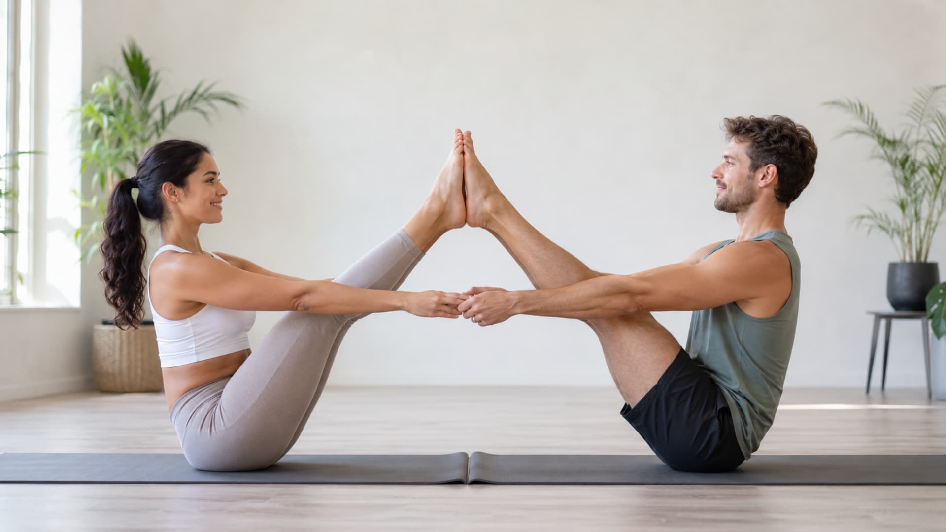 Two people practicing partner boat pose with feet touching and hands joined in a bright yoga studio with calm focus