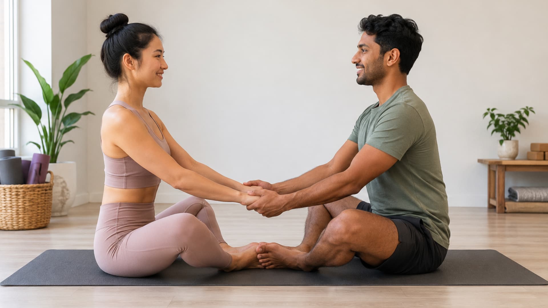 Two people practicing partner butterfly pose seated face to face with hands joined in a bright calm yoga studio