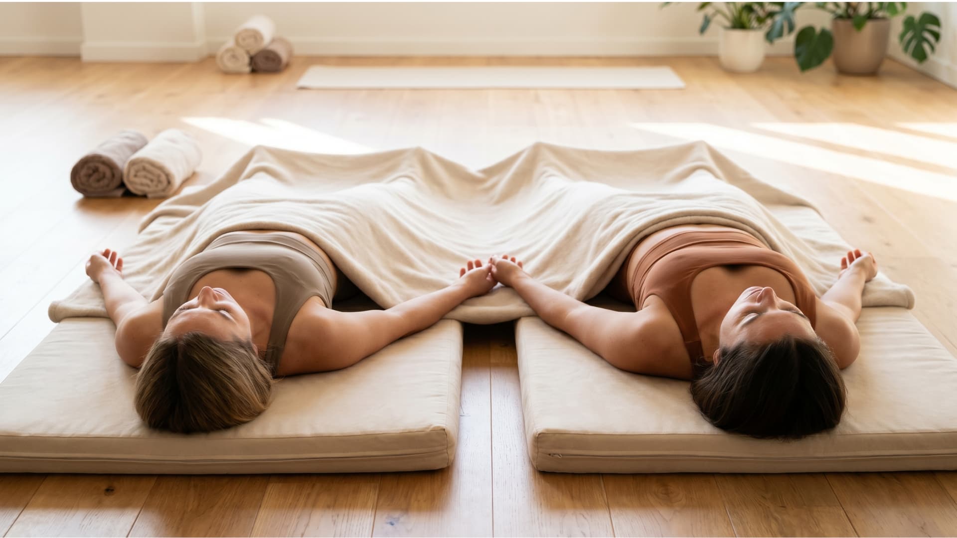 Two people resting in partner savasana on soft mats with hands joined under a blanket in a calm studio