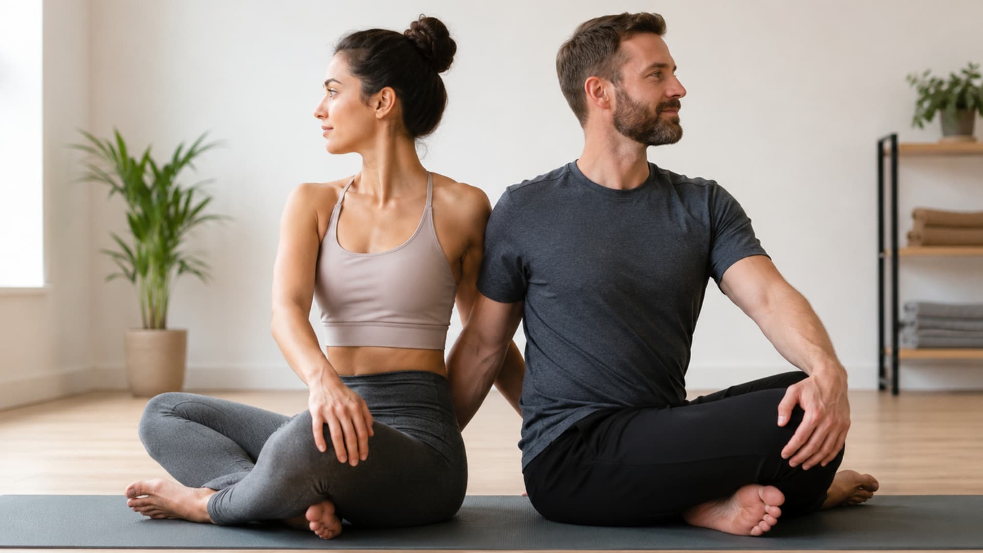 Two people sitting back to back in a seated spinal twist on a yoga mat in a bright calm studio