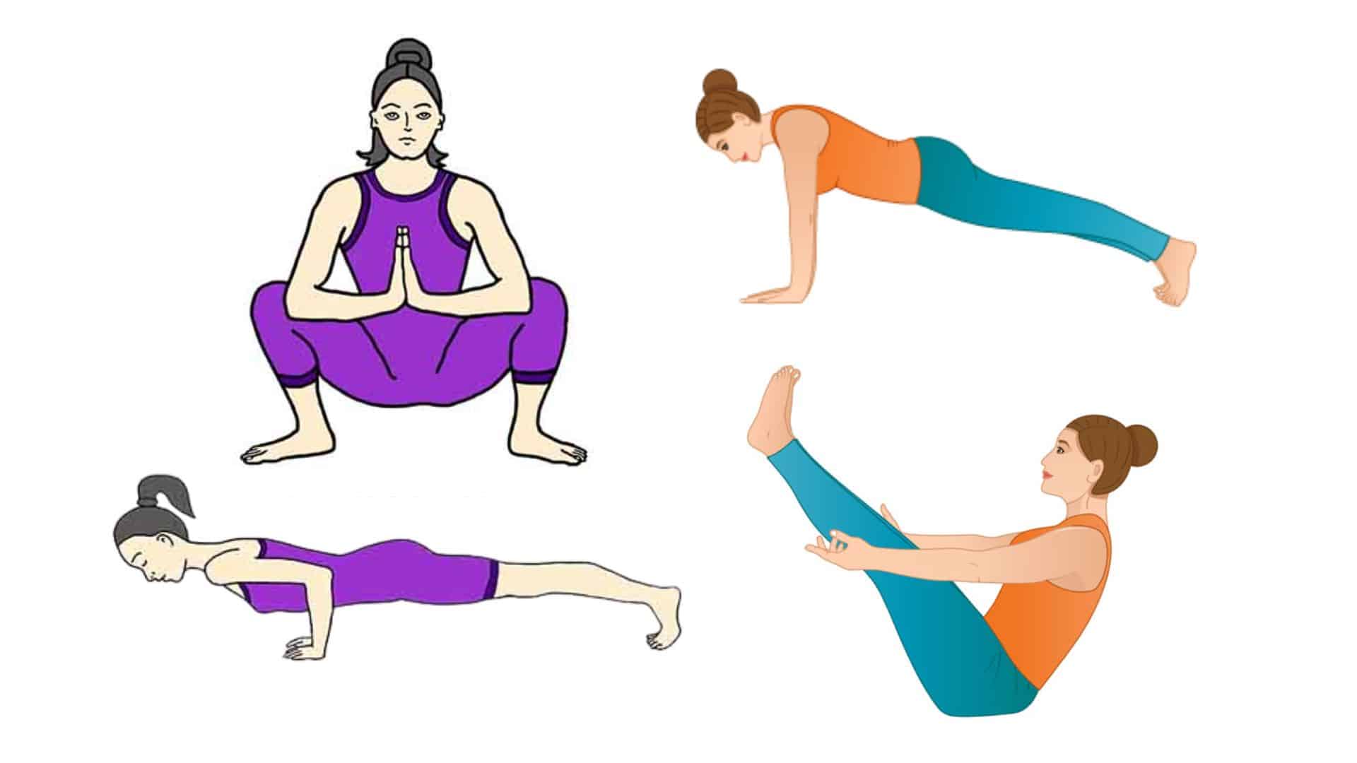 two women demonstrating four distinct yoga poses, including a deep squat, plank, low push-up, and boat pose