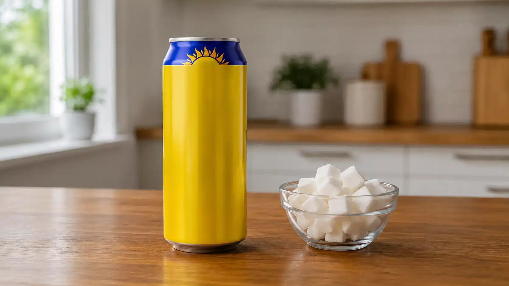 unbranded hard iced tea can with sugar cubes and iced tea on a table