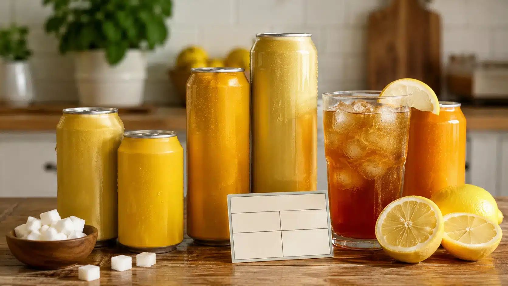 unbranded hard iced tea cans with sugar cubes lemon slices and iced tea for nutrition comparison