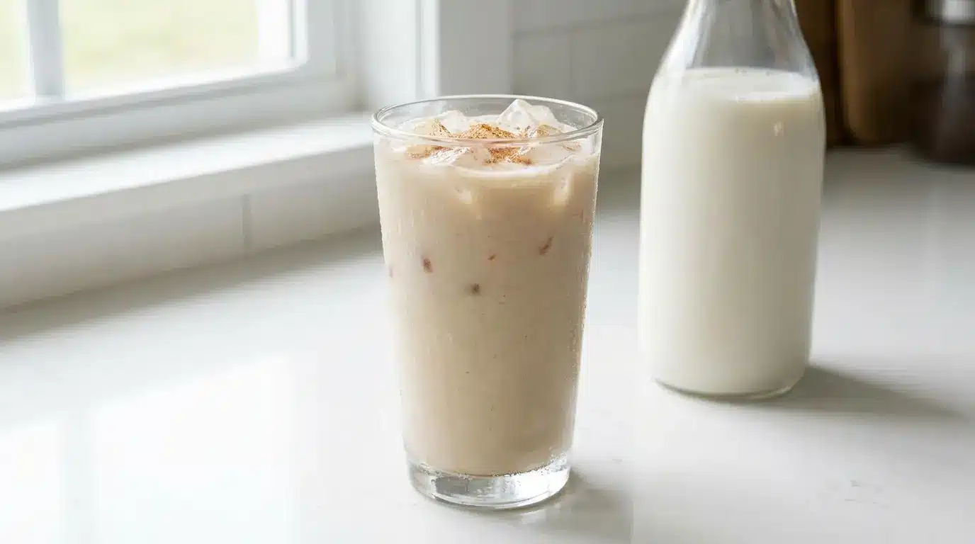 vanilla cinnamon protein shake with ice in a clear glass beside cinnamon and almond milk