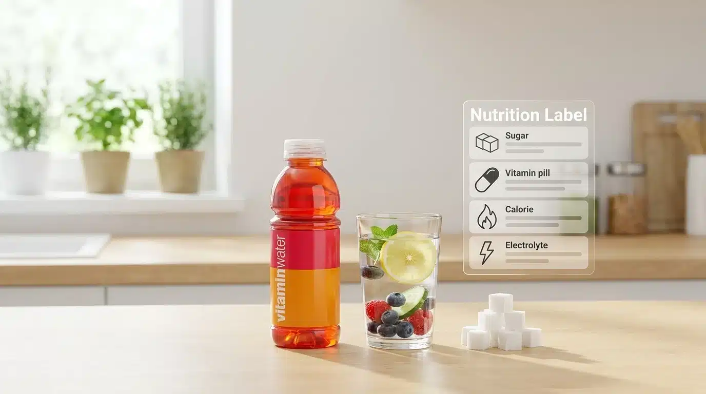 vitamin water bottle beside plain water, fruit, sugar cubes, and nutrition label for healthy drink choice