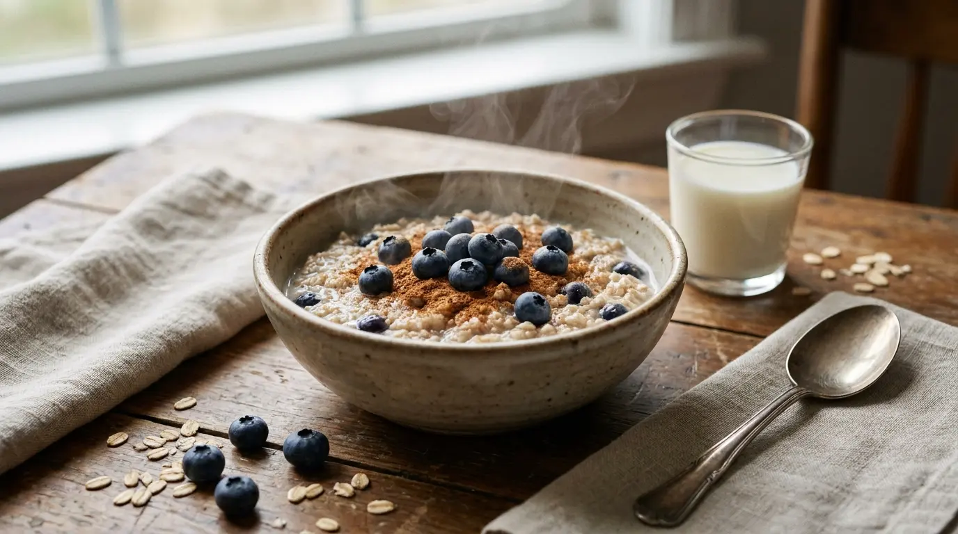 warm blueberry protein oatmeal with cinnamon in a ceramic bowl beside fresh berries and skim milk
