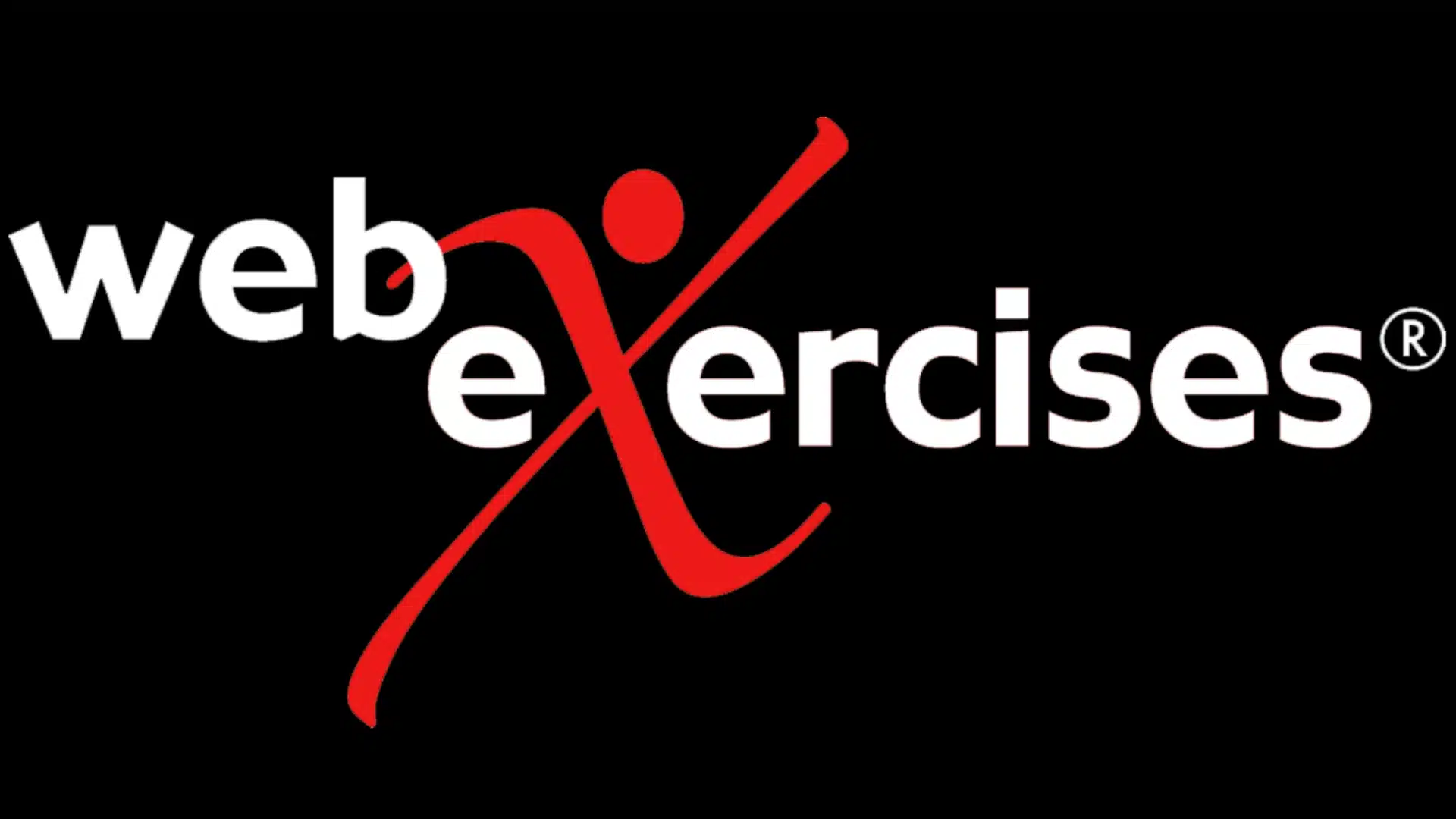 webexercises logo with white wordmark and red exercise figure on a black background