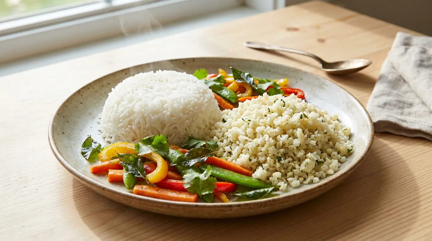 white rice beside cauliflower rice with herbs and low carb vegetables