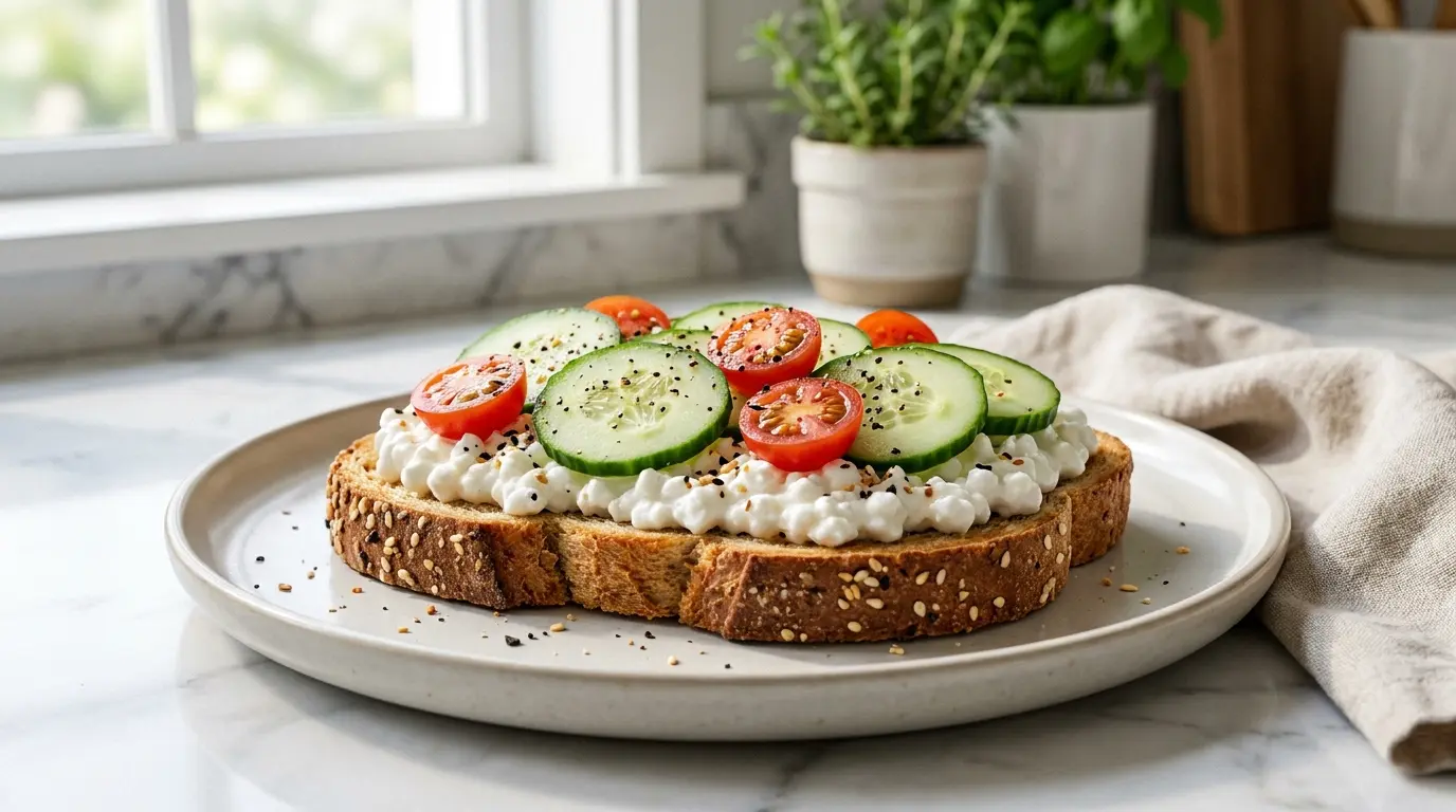 whole grain toast topped with cottage cheese cucumber tomato pepper and seasoning on a clean plate