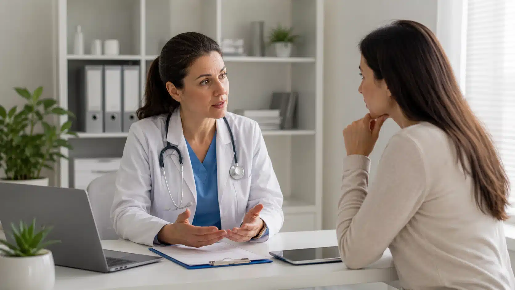 woman discussing health concerns with a healthcare professional in a calm clinic setting for apron belly support and guidance