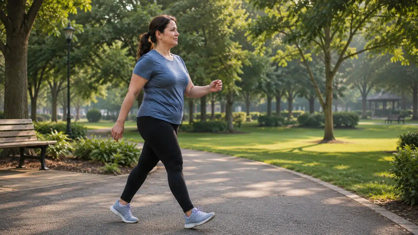 woman walking briskly on a park path in workout clothes during a calm morning exercise routine