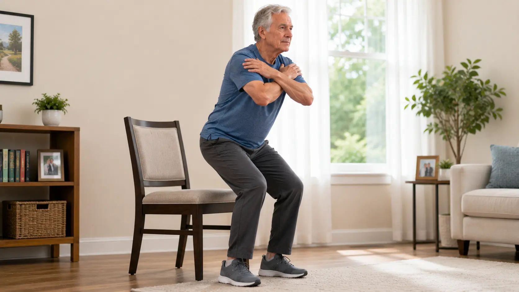 arm crossed sit to stand by old adult