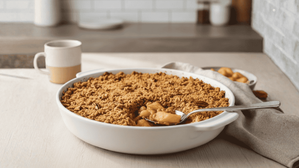 baked apple crisp in a white dish with crumb topping, served with a spoon, nuts, and a mug on a kitchen table