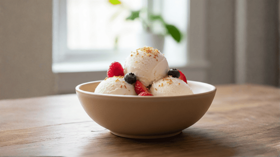 bowl of dairy-free vanilla ice cream topped with fresh strawberries, raspberries, and blueberries on a wooden table.