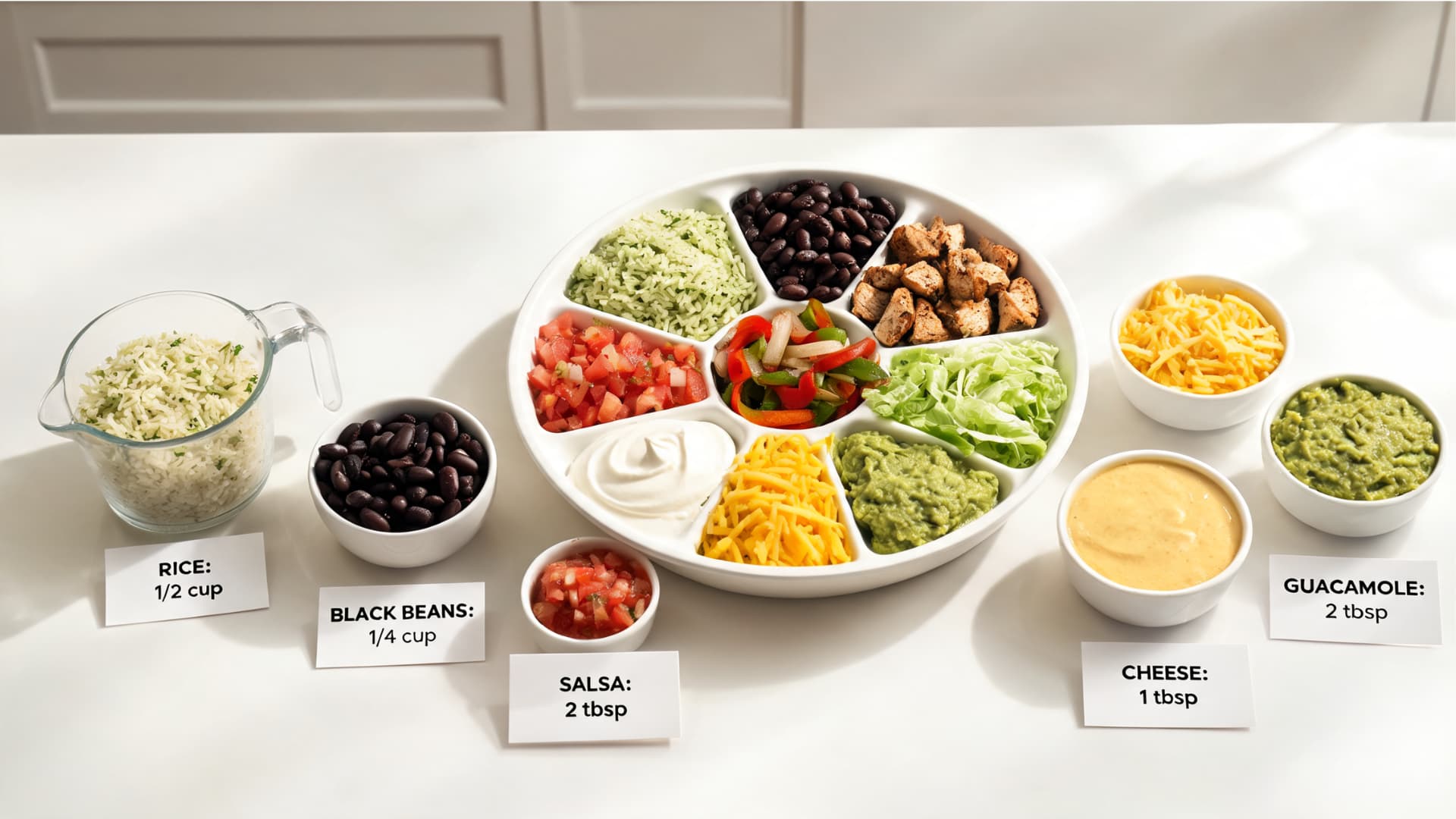 burrito bowl ingredients with measured rice beans salsa cheese guacamole and sauces for calorie tracking