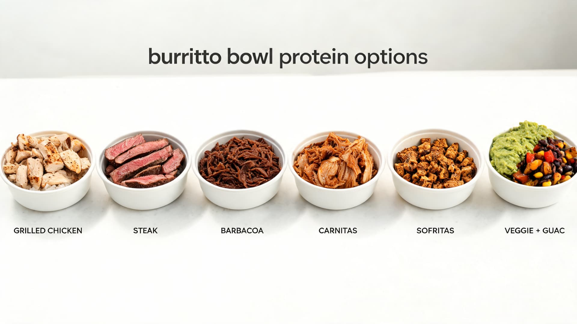 burrito bowl protein options with grilled chicken steak barbacoa carnitas sofritas and veggie guacamole bowls