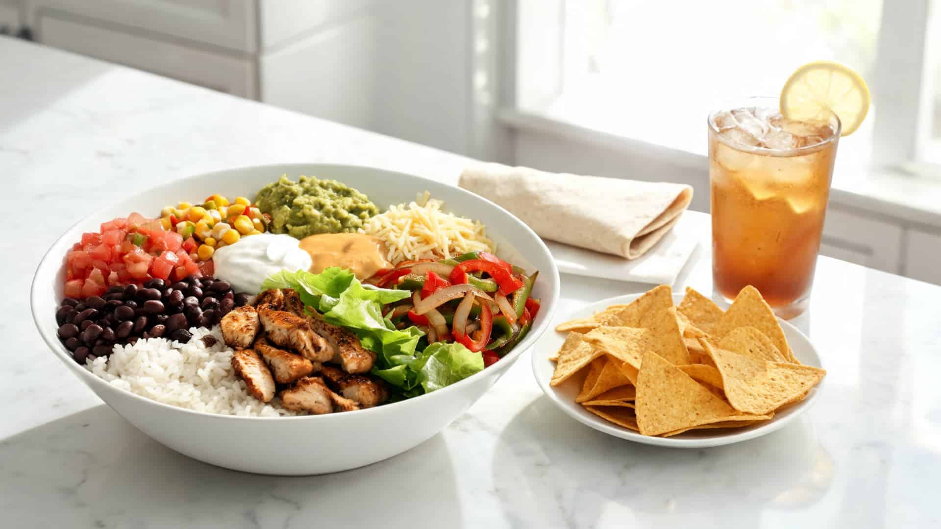 burrito bowl with rice beans chicken salsa guacamole cheese sour cream queso chips tortilla and iced drink on marble counter