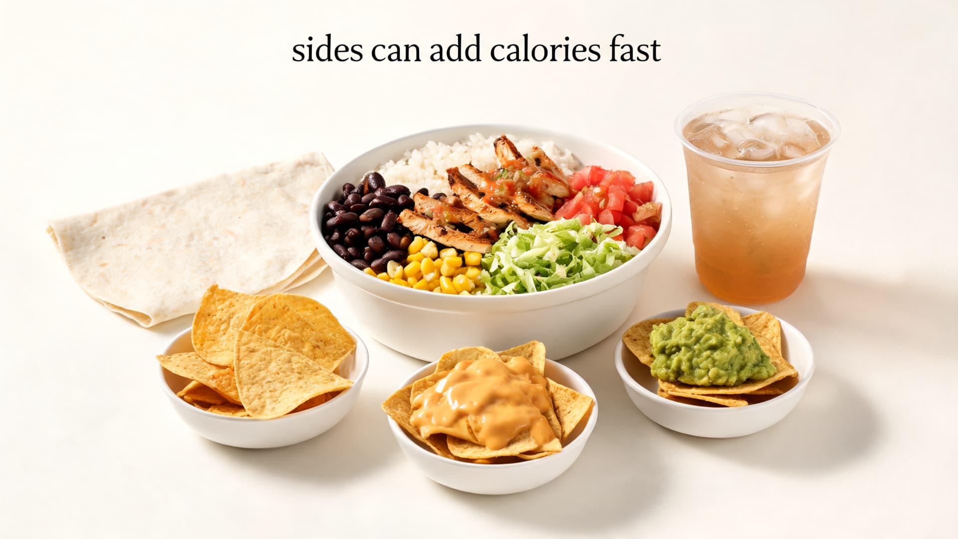 burrito bowl with tortilla chips queso guacamole tortilla and drink showing how sides can add calories fast