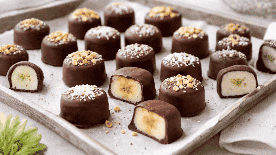 chocolate-covered banana bites on a tray some sliced open to show banana centers topped with coconut and chopped nuts