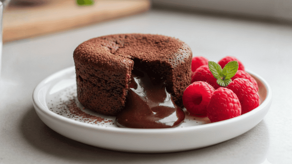 chocolate lava cake with melted center on a white plate, served with fresh raspberries and a mint leaf garnish