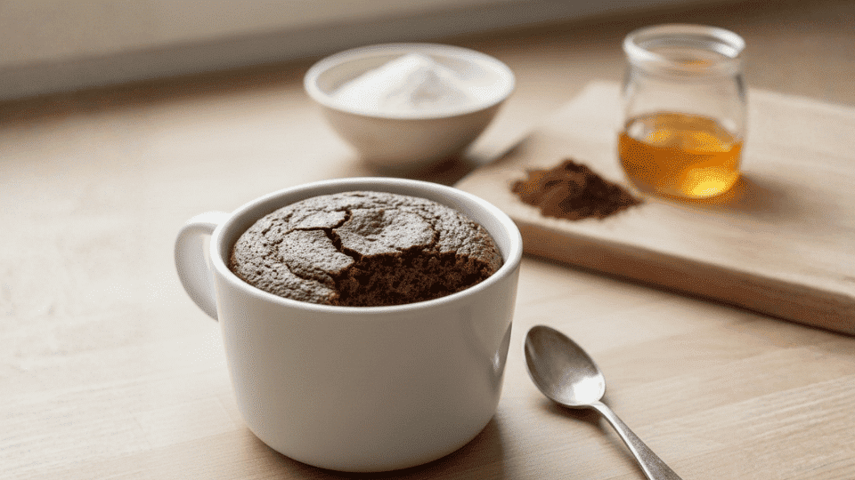 chocolate mug cake in a white cup on a wooden table with cocoa powder, honey, and baking ingredients in the background