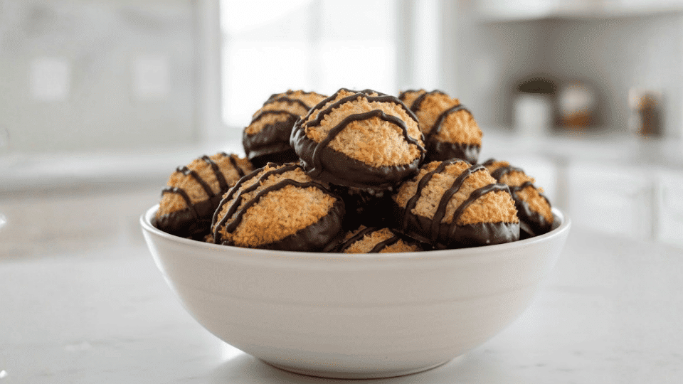 coconut macaroons dipped and drizzled with dark chocolate, stacked in a white bowl on a bright kitchen counter