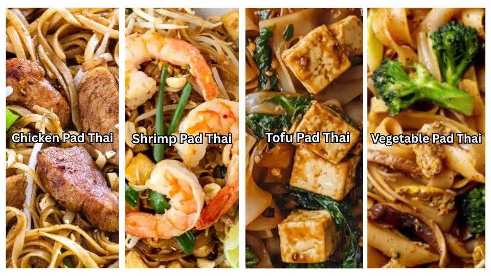 collage of chicken shrimp tofu and vegetable pad thai showing close up noodle textures and protein variations (1)