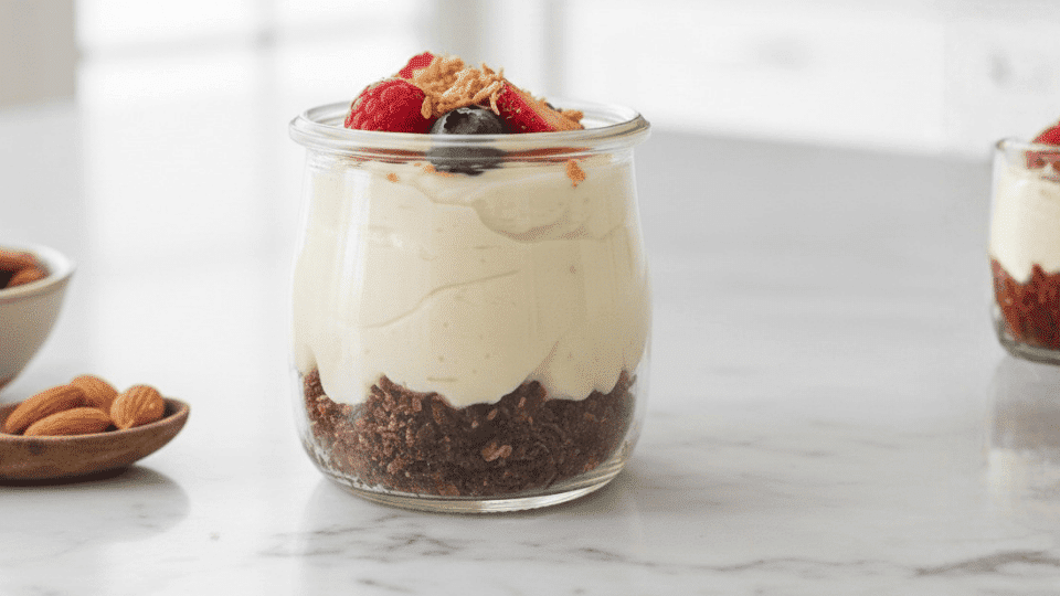 dairy-free cheesecake cup in a glass jar with nut crust, topped with berries and granola on a marble counter