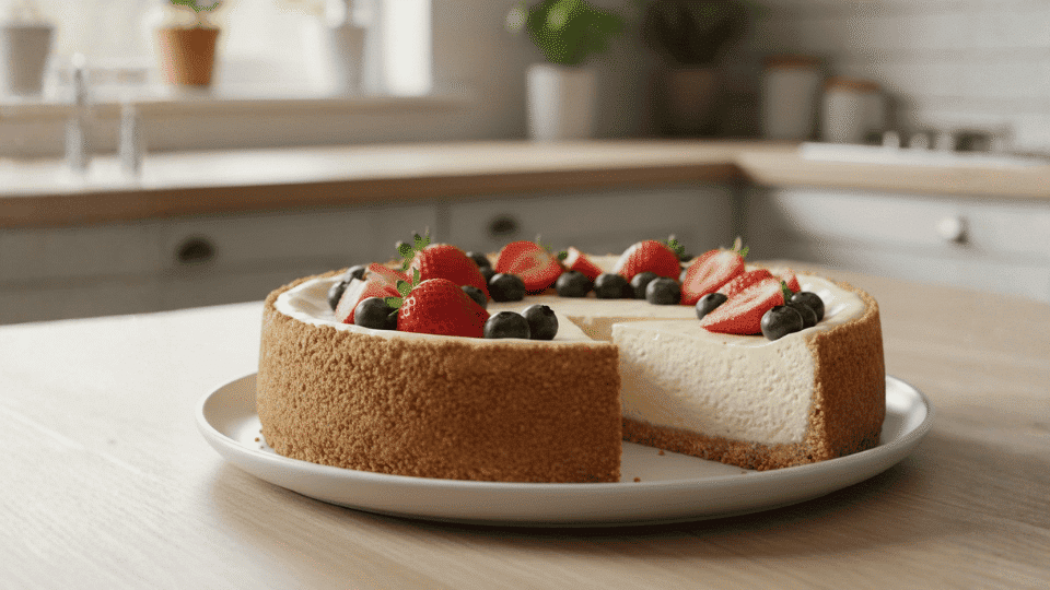 dairy-free paleo cheesecake topped with fresh strawberries and blueberries, with one slice removed on a white plate
