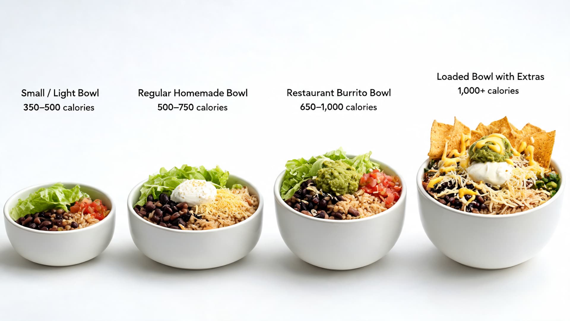 four burrito bowls showing calorie ranges from small light bowl to loaded bowl with extras on a clean white background