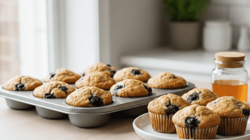 fresh blueberry muffins in a baking tray and on a plate, with a small jar of honey on a bright kitchen table