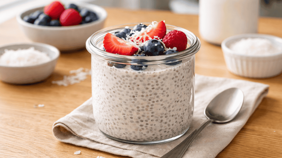 glass jar of chia pudding topped with strawberries, blueberries, raspberries, and coconut flakes on a wooden table with spoon nearby