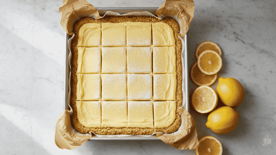 lemon bars with almond crust cut into squares in a baking pan, with fresh lemons and slices on a marble surface