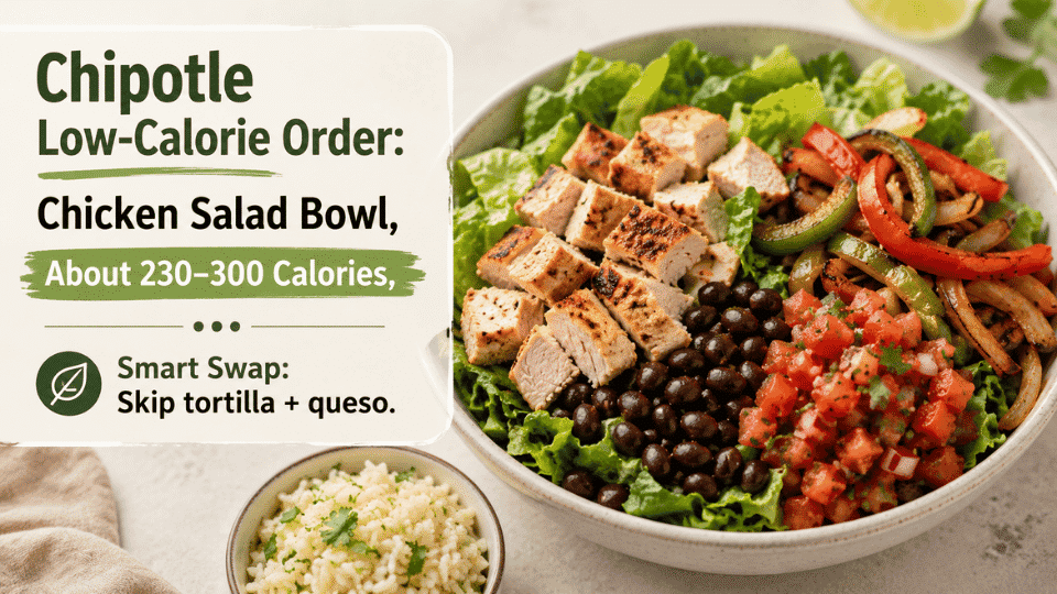 low-calorie fast food chipotle chicken salad bowl with salsa, beans, fajita vegetables and rice